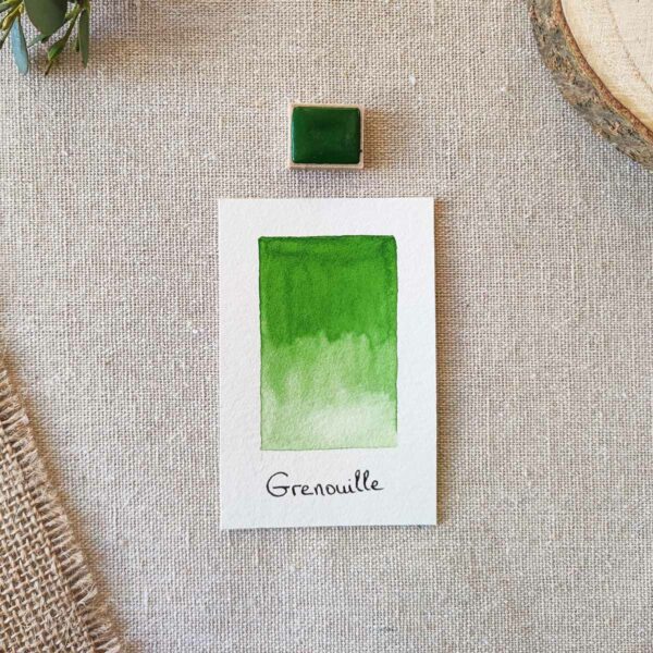 Aquarelle artisanale vert Grenouille en quart de godet