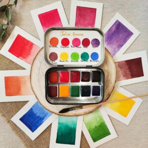 Les 10 demi-godets de la palette d'aquarelle artisanale Au Sommet des Montagnes